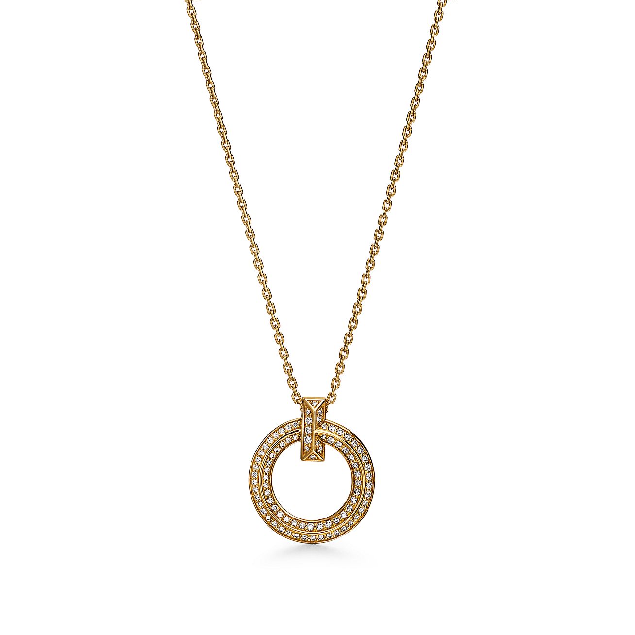 Tiffany T T1 Narrow Circle Pendant in Yellow Gold with Pavé Diamonds