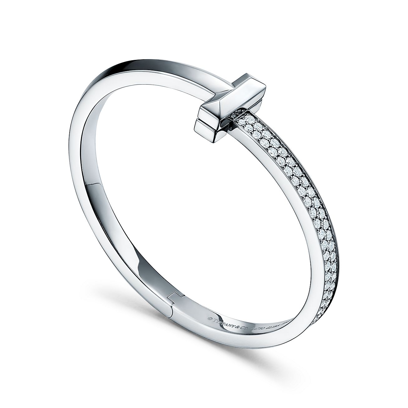 Tiffany T T1 wide diamond hinged bangle in 18k white gold, medium 