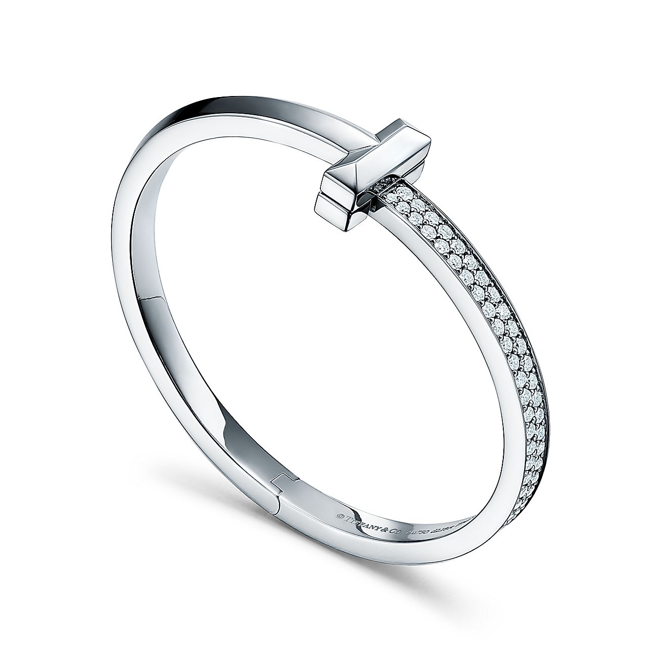 Tiffany T T1 wide diamond hinged bangle in 18k white gold, medium.