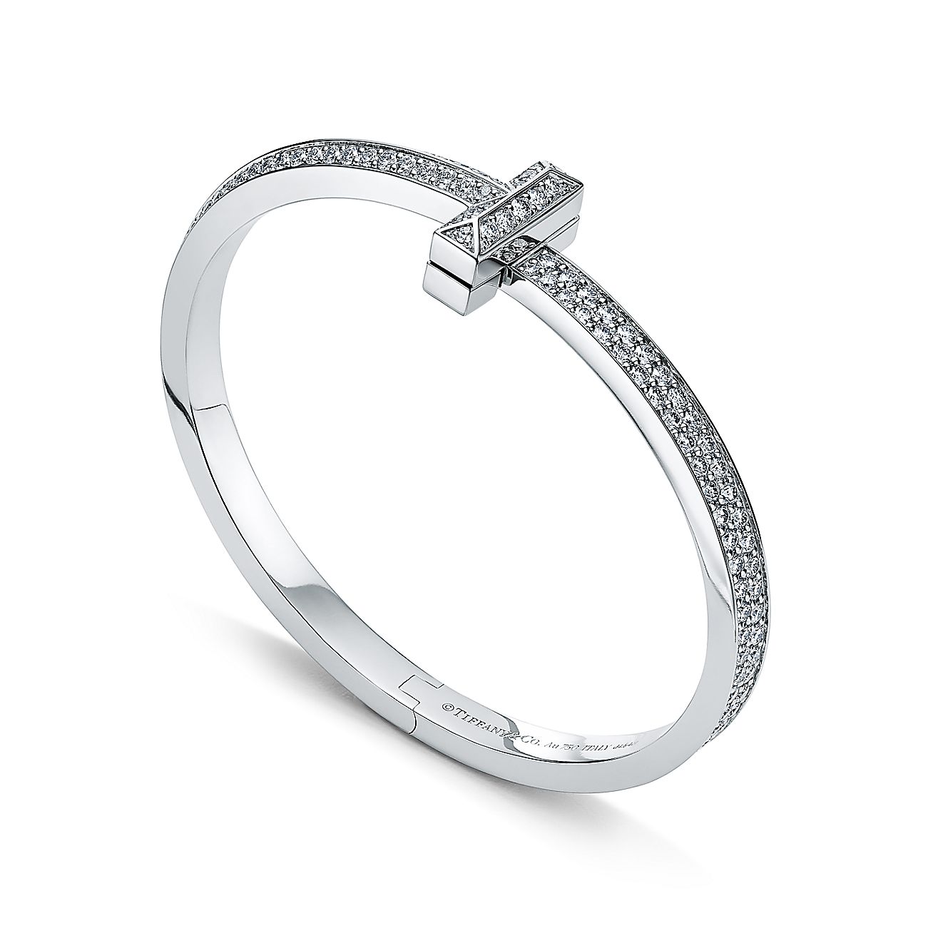 Tiffany T pavé diamond hinged bangle in 18k white gold, large.
