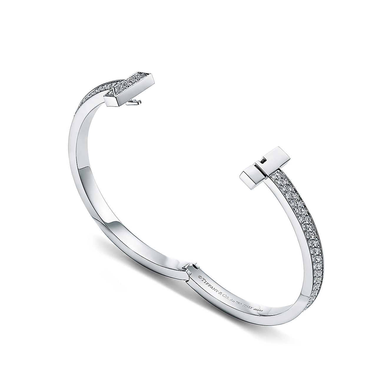 Tiffany T T1 wide diamond hinged bangle in 18k white gold, medium.