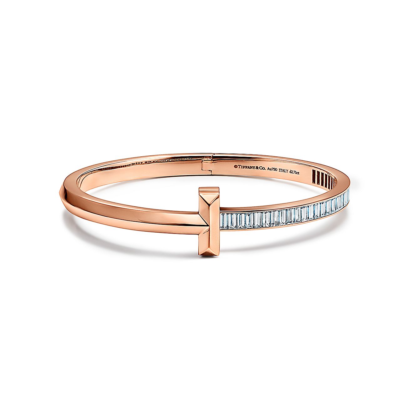 Tiffany T T1 wide hinged bangle in 18k rose gold with baguette diamonds ...