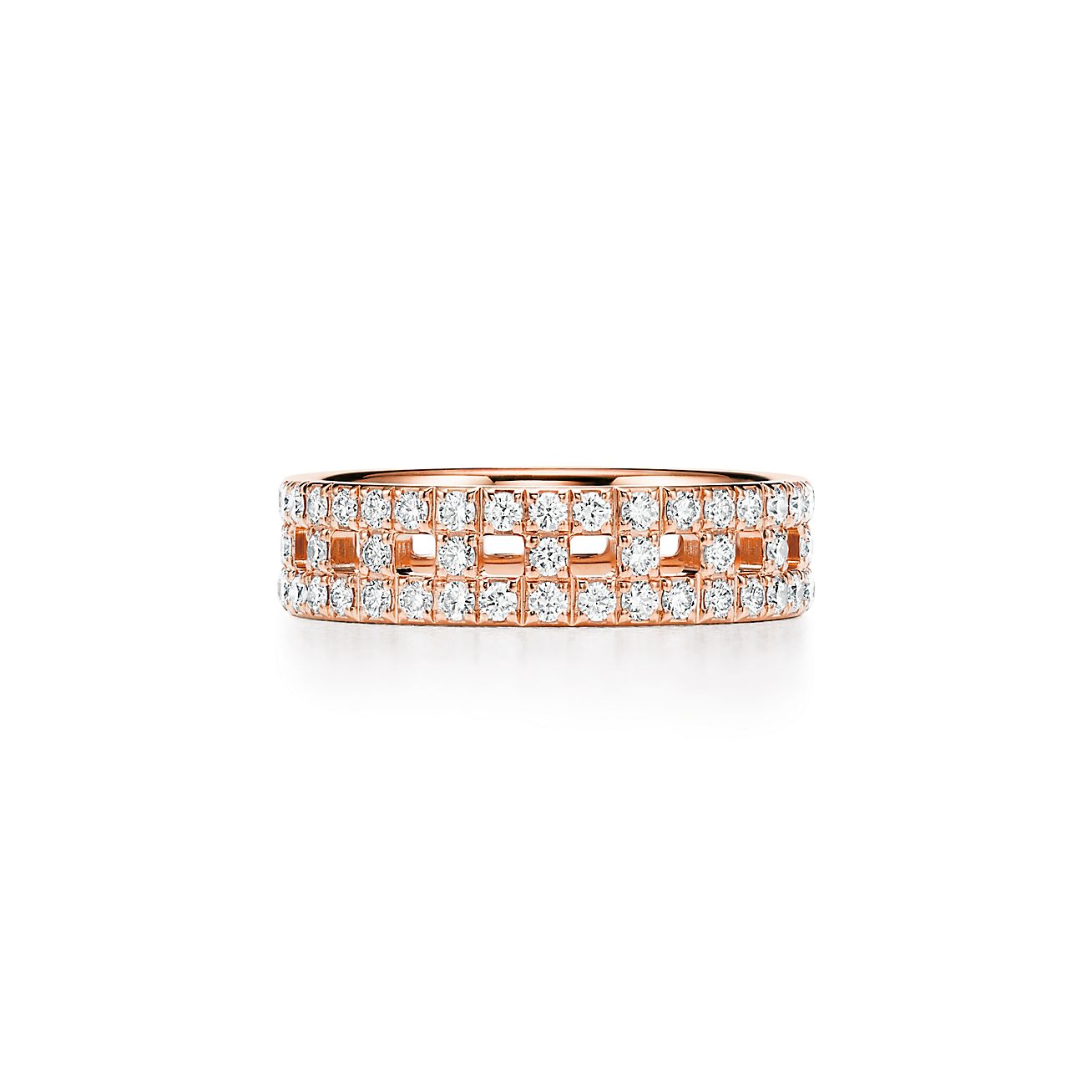 Tiffany T True wide ring in 18k rose gold with pavé diamonds, 5.5 mm wide. | Tiffany & Co.