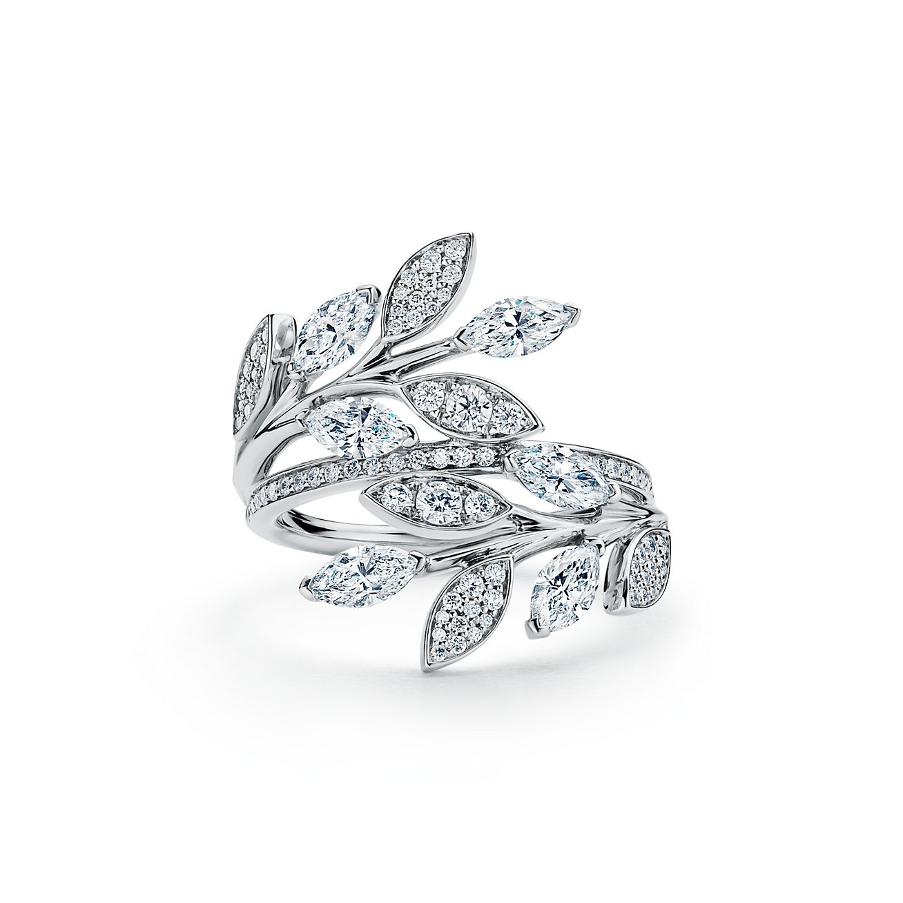 diamond vine bypass ring in platinum 
