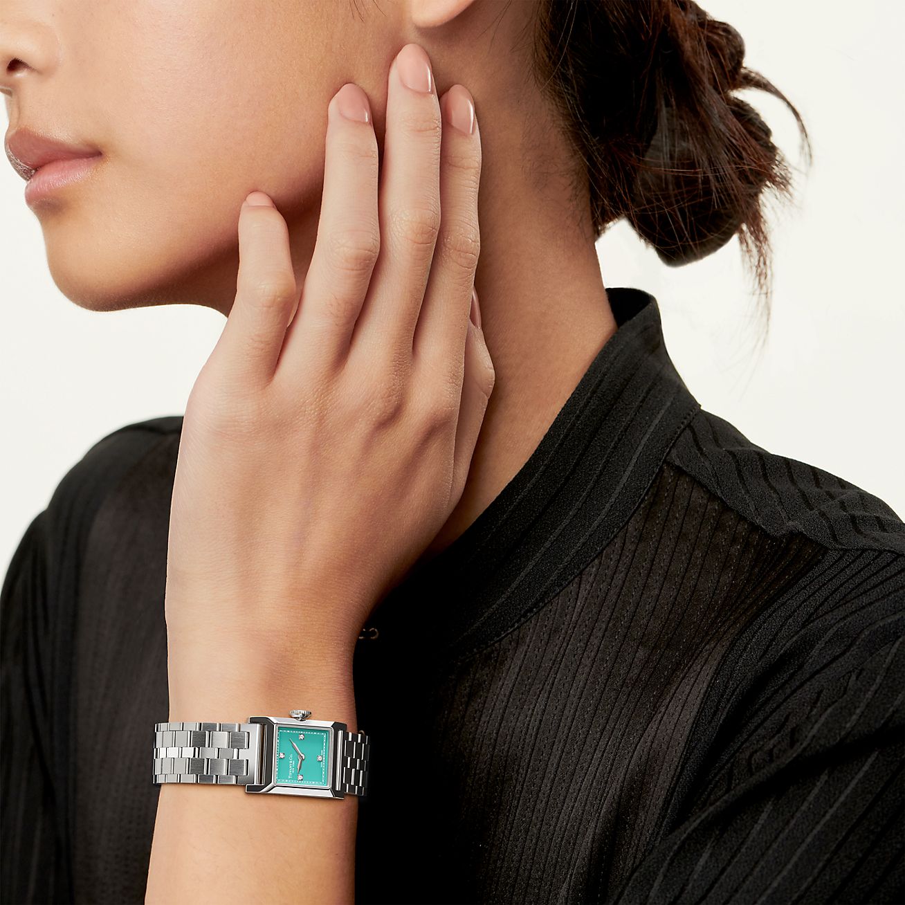 ど*る様 Tiffany & Co. Union Square 20 mm Watch in Steel with Diamonds & a Tiffany Blue