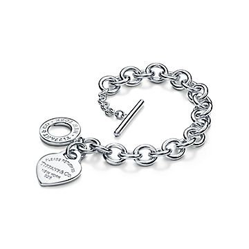 Tiffany & Co Toggle Bracelet 8.25" Heart Shopping Bag Charm  Sterling Silver wBox
