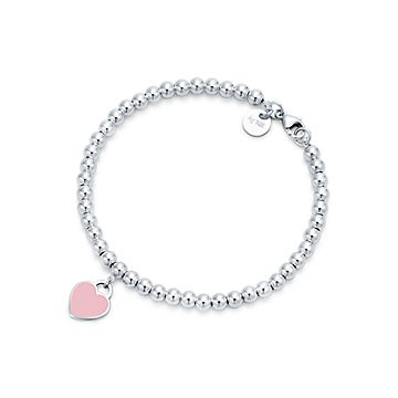 Pink Heart Tag Bead Bracelet in Silver 