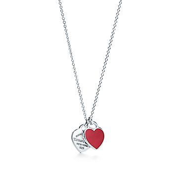 Return To Tiffany & Co. Mini Enamel Double Heart Pendant Necklace Silver w  Pouch | eBay