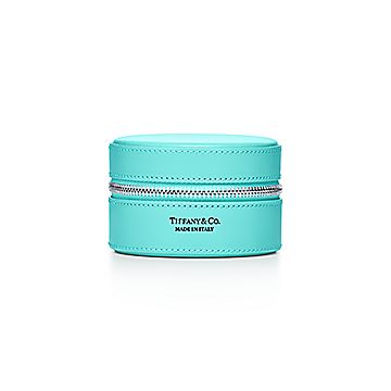 Round Jewelry Case In Blue Smooth Calfskin Leather Small Co Round Jewelry Case In Blue, Round Jewelry Box Packaging Canada