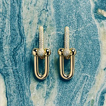Tiffany HardWear Large Link Earrings in Yellow Gold with Pavé