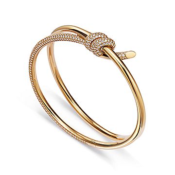 Tiffany Knot Double Row Hinged Bangle in Yellow Gold with Diamonds