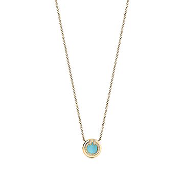 Tiffany T diamond and turquoise circle pendant in 18k gold, small 