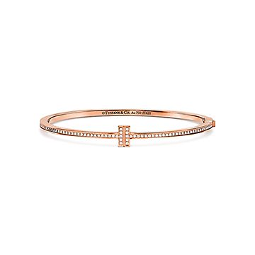 Tiffany T diamond hinged wire bangle in 18k rose gold, medium 