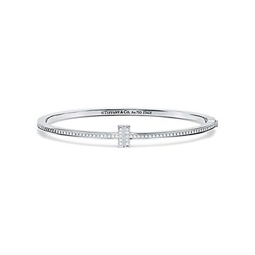 Tiffany T diamond hinged wire bangle in 18k white gold, small 