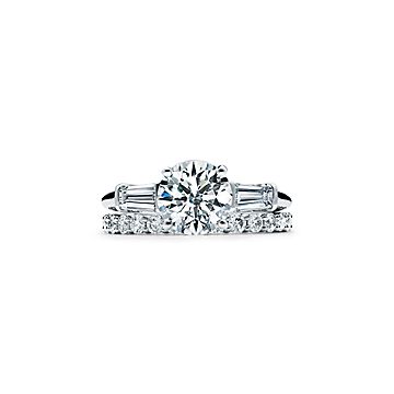 Tiffany three stone engagement ring shop with baguette side stones in platinum