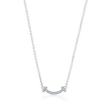 Tiffany T smile pendant in 18k white gold with diamonds, mini 