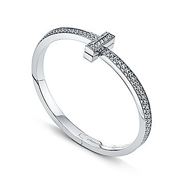 Tiffany T T1 wide diamond hinged bangle in 18k white gold, medium.