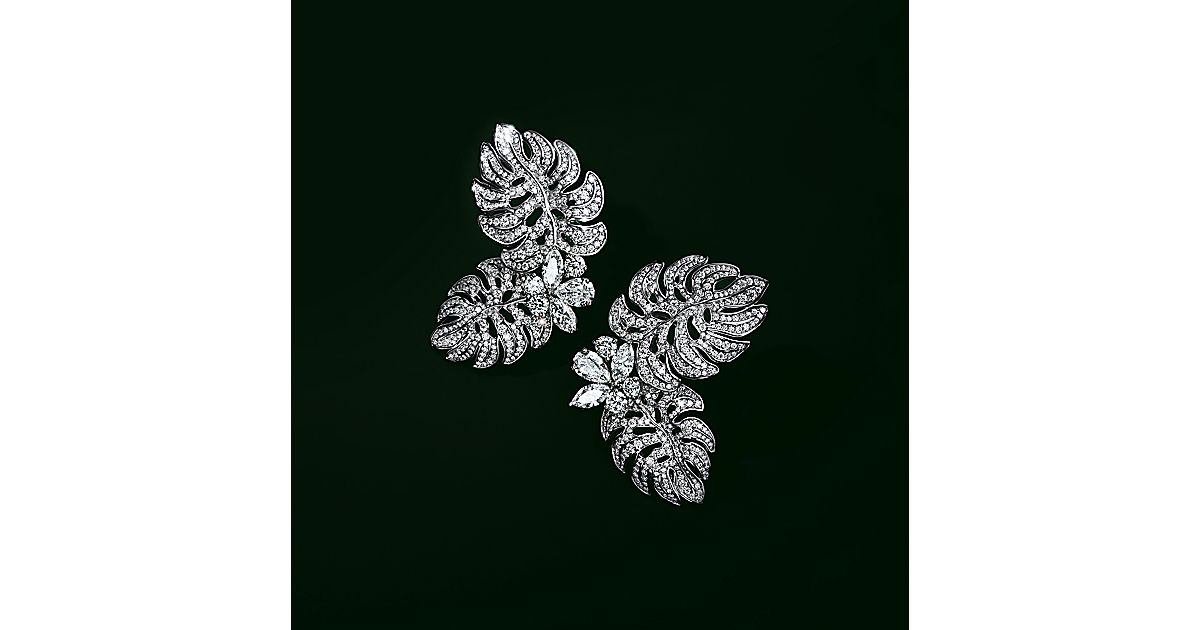 플래티늄 소재에 믹스드 컷 다이아몬드가 세팅된 리브스 오브 더 썬 이어링. | Tiffany & Co. Tiffany & Co. -  플래티늄, 다이아몬드 리프... 
