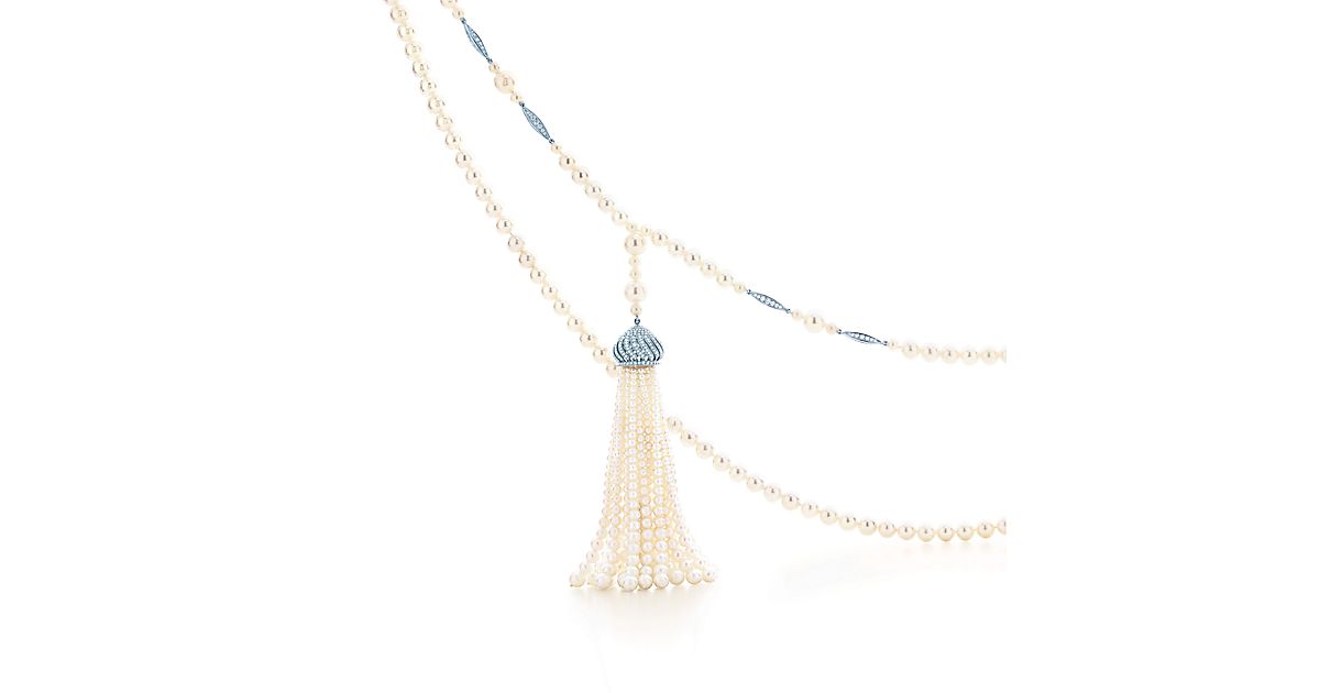 The Gatsby Collection tassel pearl necklace in platinum with diamonds