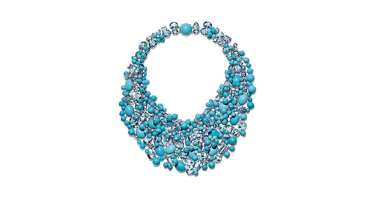 Necklace In Platinum With Aquamarines Turquoise And Diamonds