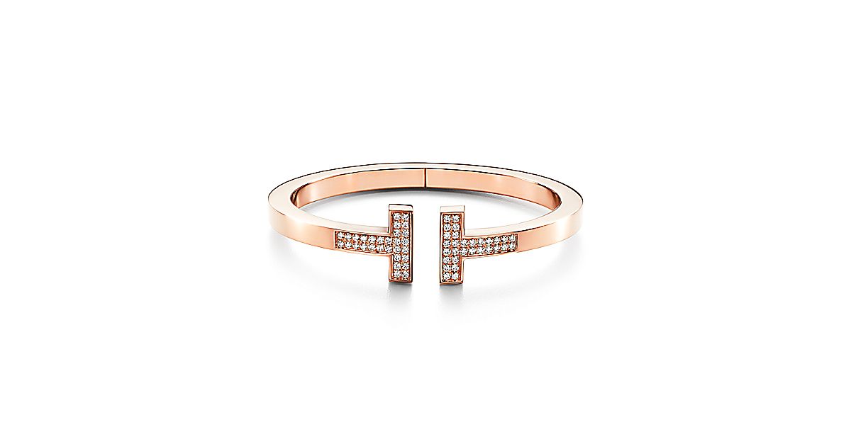 Tiffany T square bracelet in 18k rose gold with pavé diamonds, medium ...