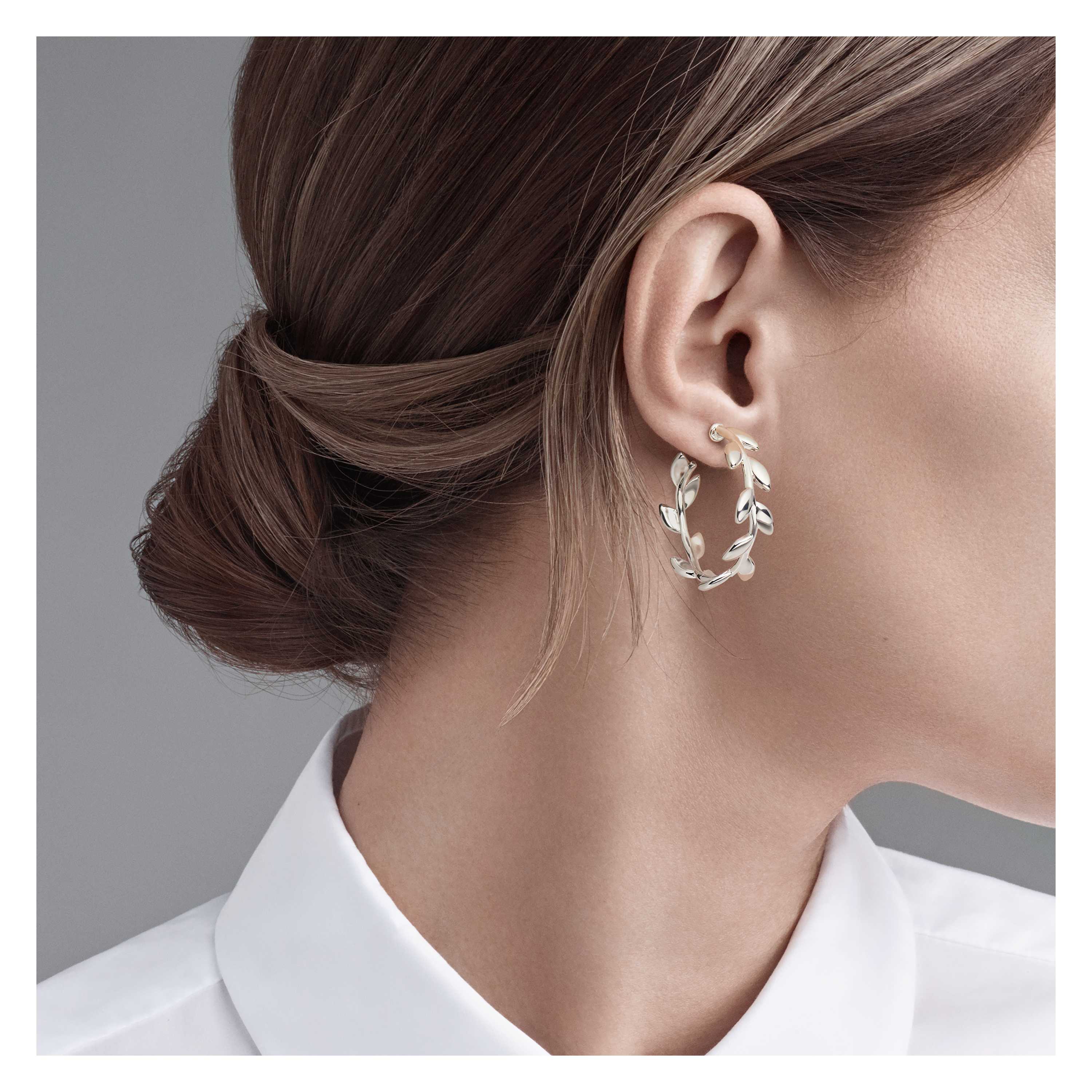 Paloma Pico Olive Leaf Hoop Earrings In Sterling Silver Paloma Pico Olive Leaf Hoop Earrings Model Shot 1