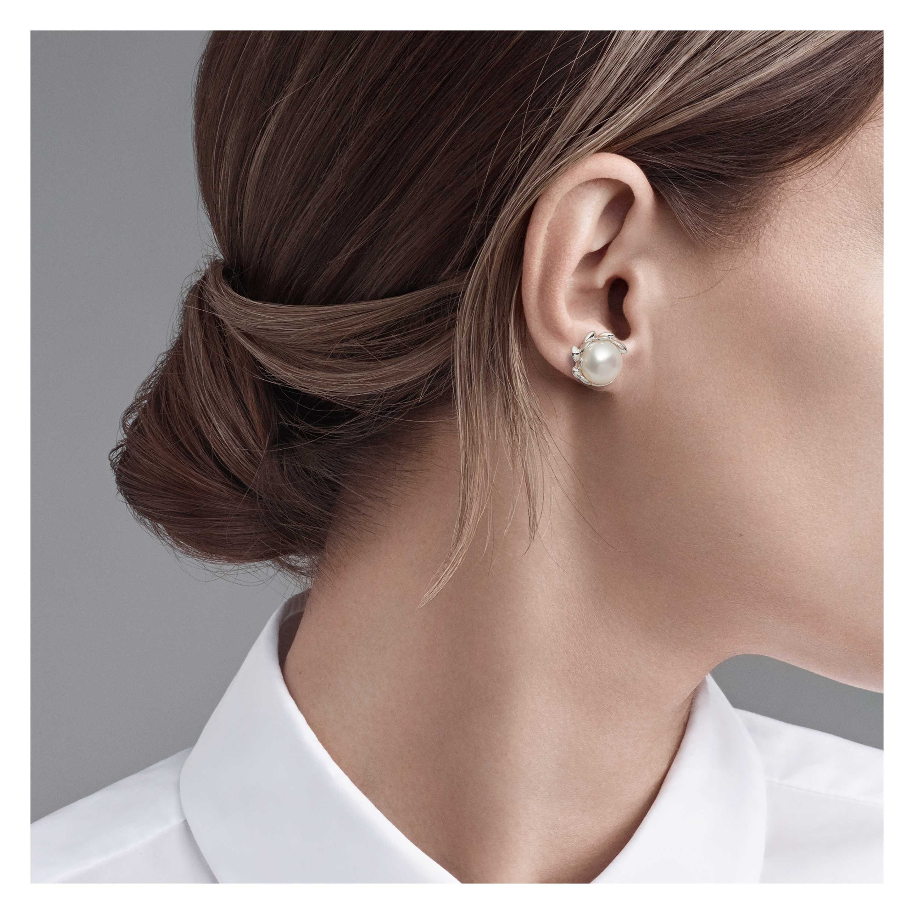 Paloma Pico Olive Leaf Pearl Earrings In Sterling Silver Paloma Pico Olive Leaf Pearl Earrings Model Shot 1