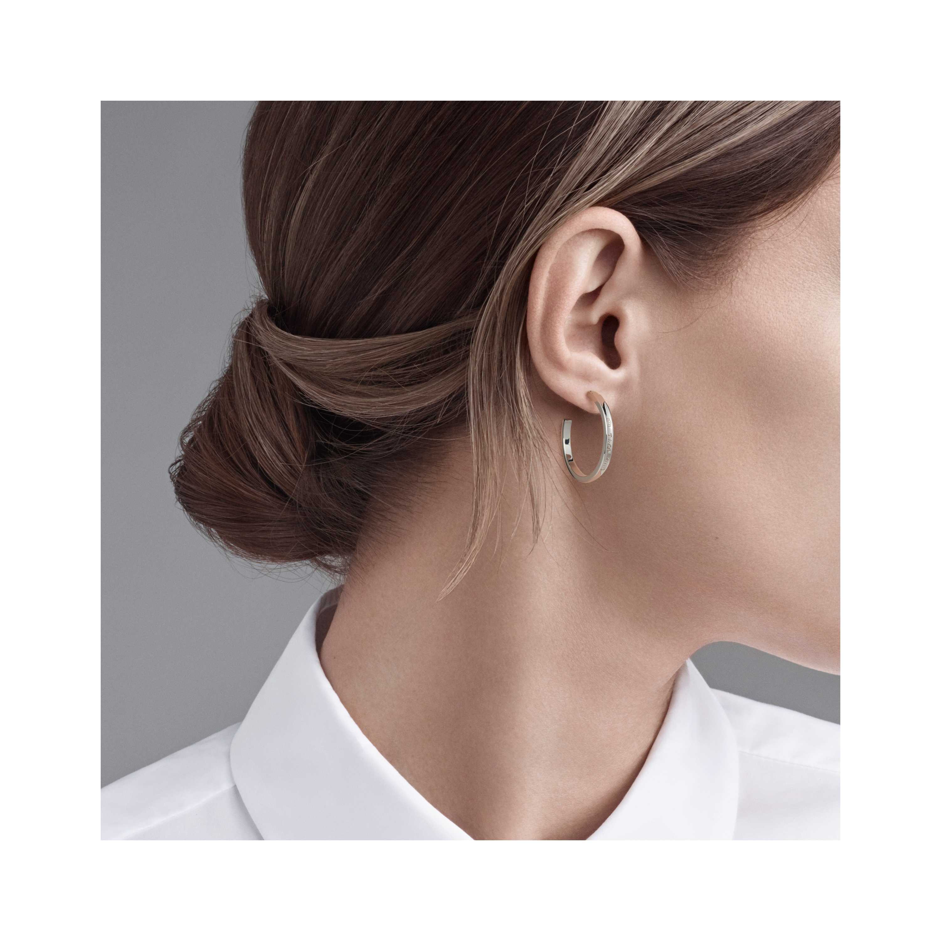 Tiffany 1837 Narrow Hoop Earrings In Sterling Silver Co Tiffany 1837 Hoop Earrings Model Shot 1