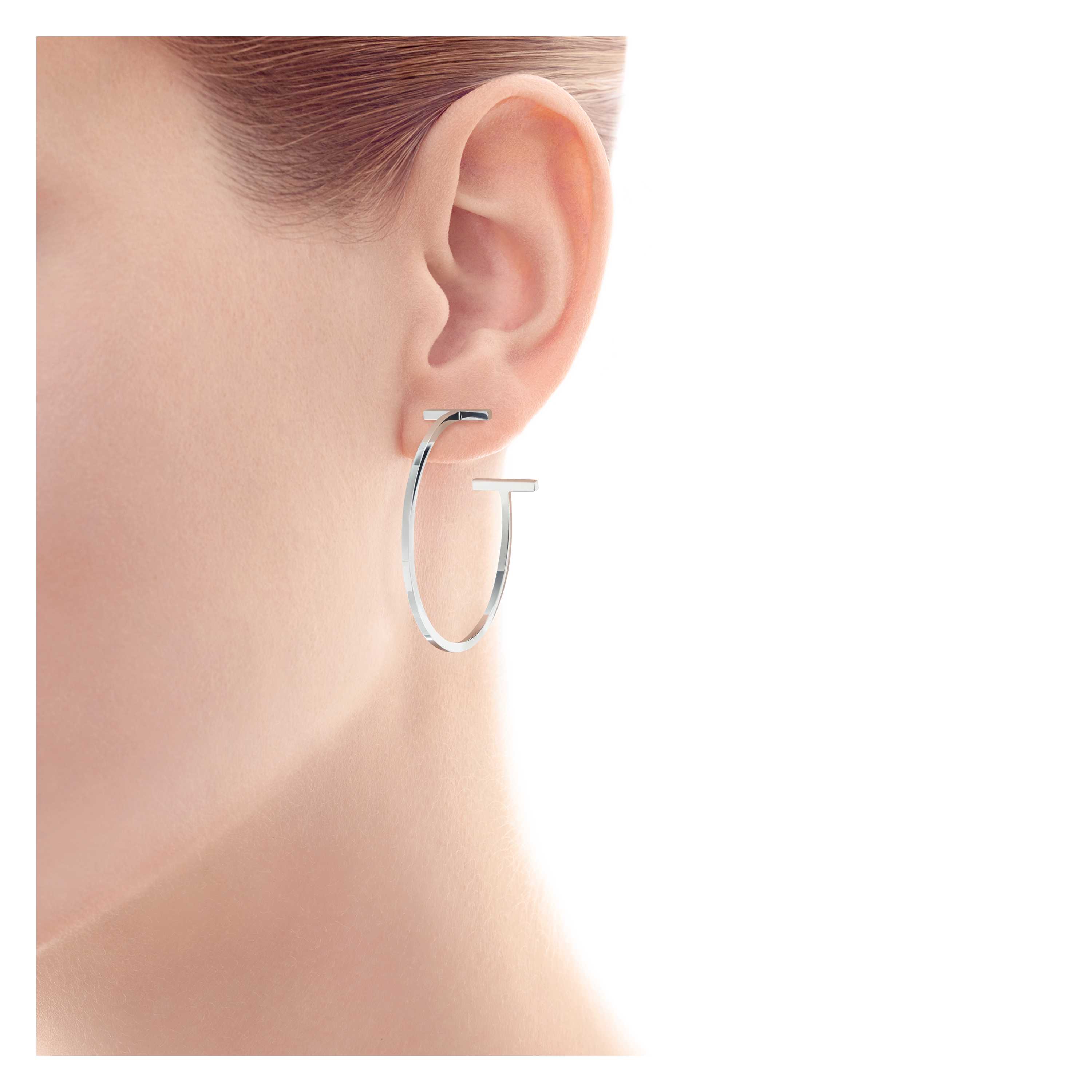 Tiffany T Wire Hoop Earrings In Sterling Silver Large Co Tiffany T Wire Hoop Earrings Model Shot 1