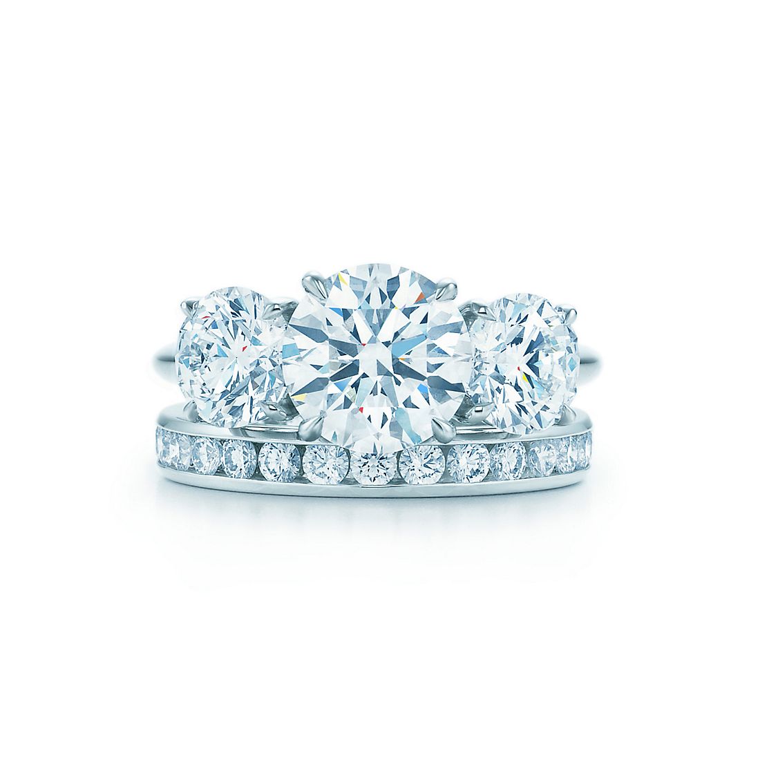 Three Stone Round Brilliant Diamond Engagement Rings Tiffany Co 2 3 Ct Shown With Tiffany Diamond Wedding Band