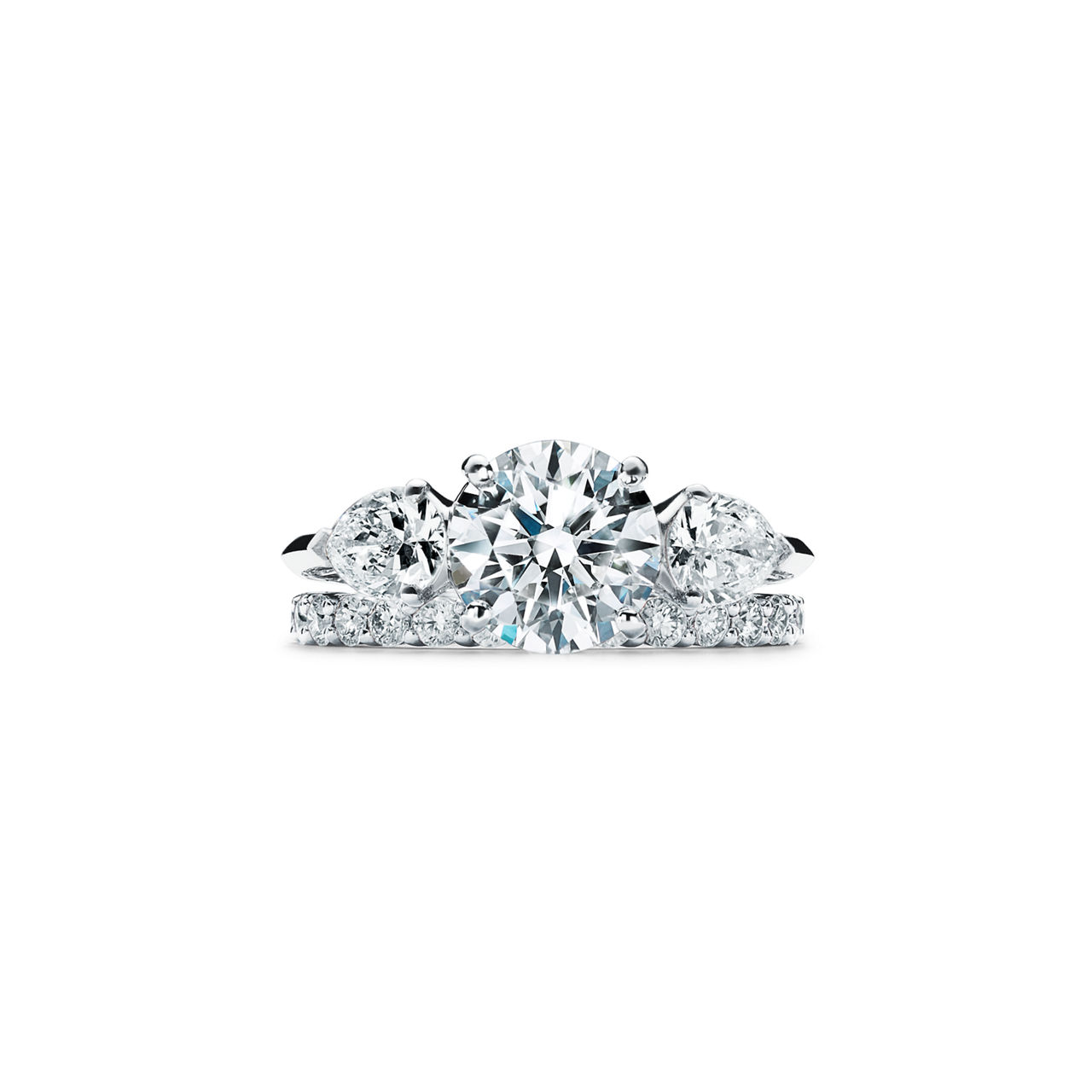 Tiffany Three Stone: Engagement Ring with Pear-shaped Side Stones in Platinum image number 7