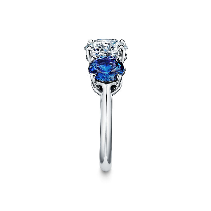 Tiffany Three Stone: Engagement Ring with Sapphire Side Stones in Platinum image number 4