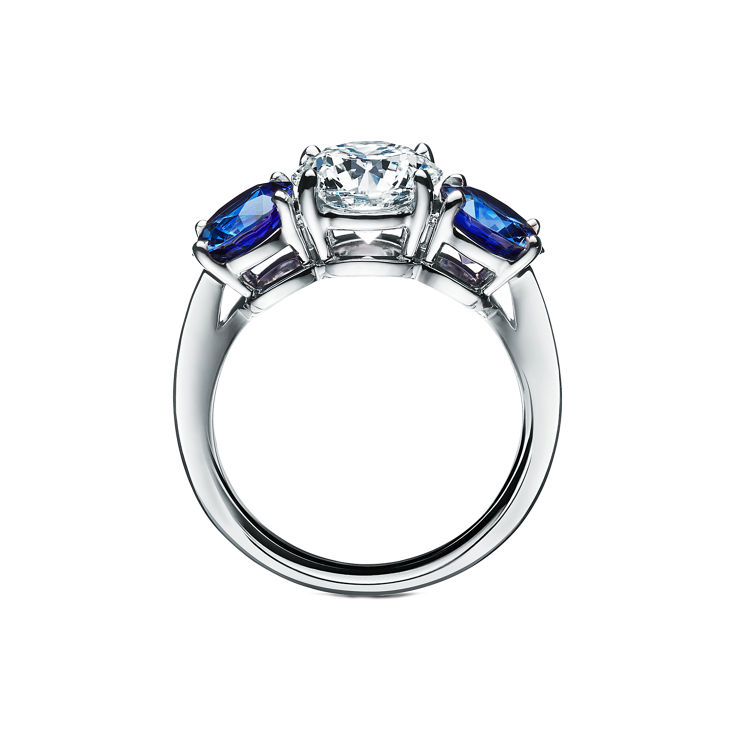 Tiffany Three Stone: Engagement Ring with Sapphire Side Stones in Platinum image number 5