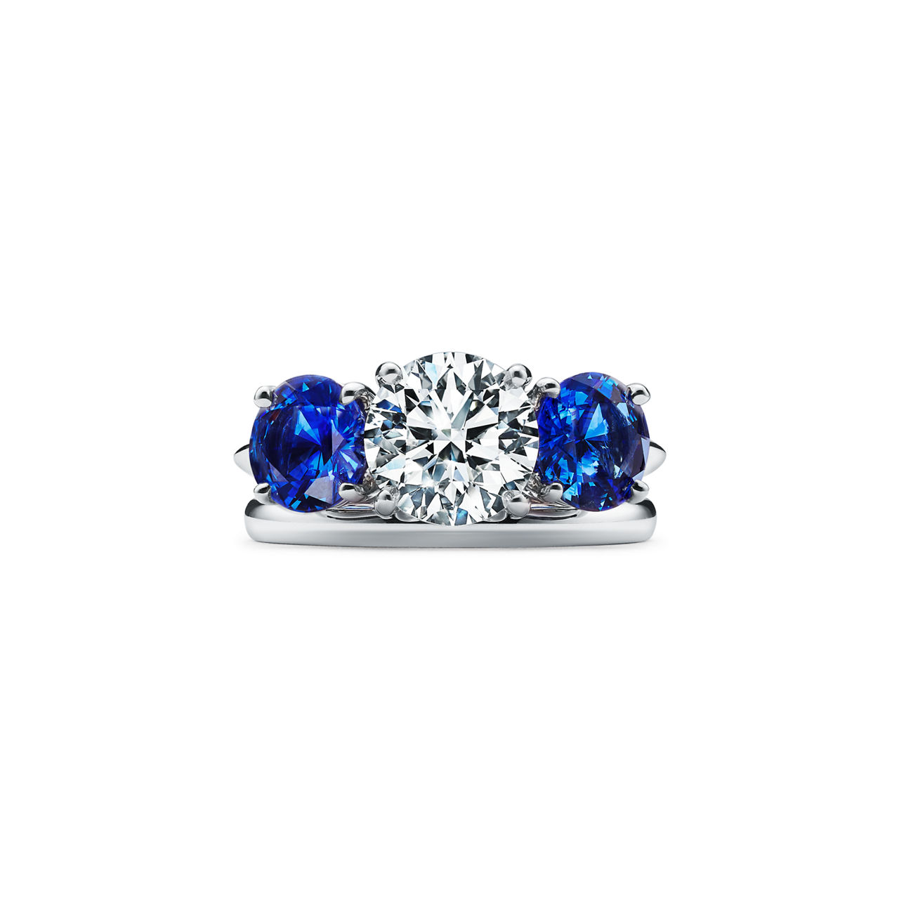 Tiffany Three Stone: Engagement Ring with Sapphire Side Stones in Platinum image number 6