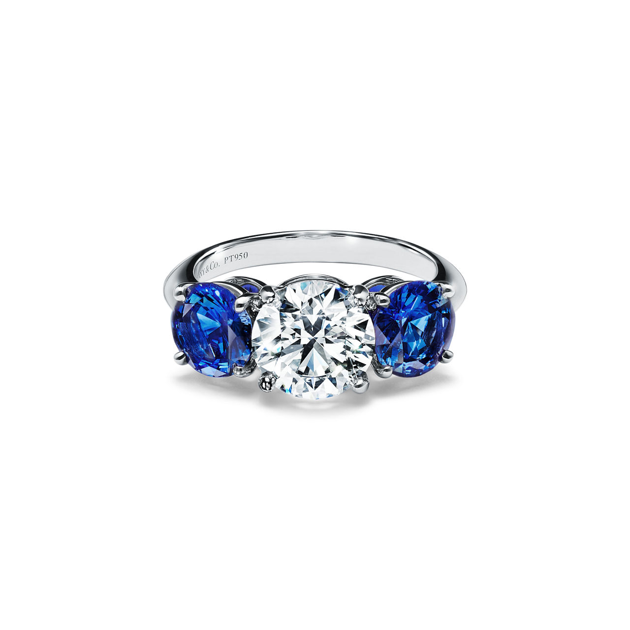 Tiffany Three Stone: Engagement Ring with Sapphire Side Stones in Platinum image number 0