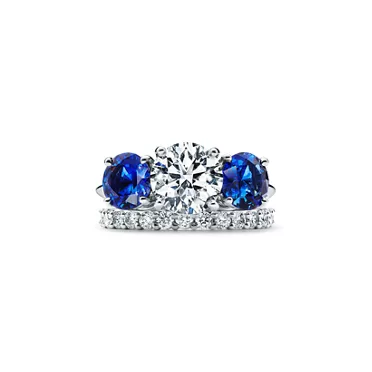 Tiffany Three Stone:Engagement Ring with Sapphire Side Stones in Platinum, 7