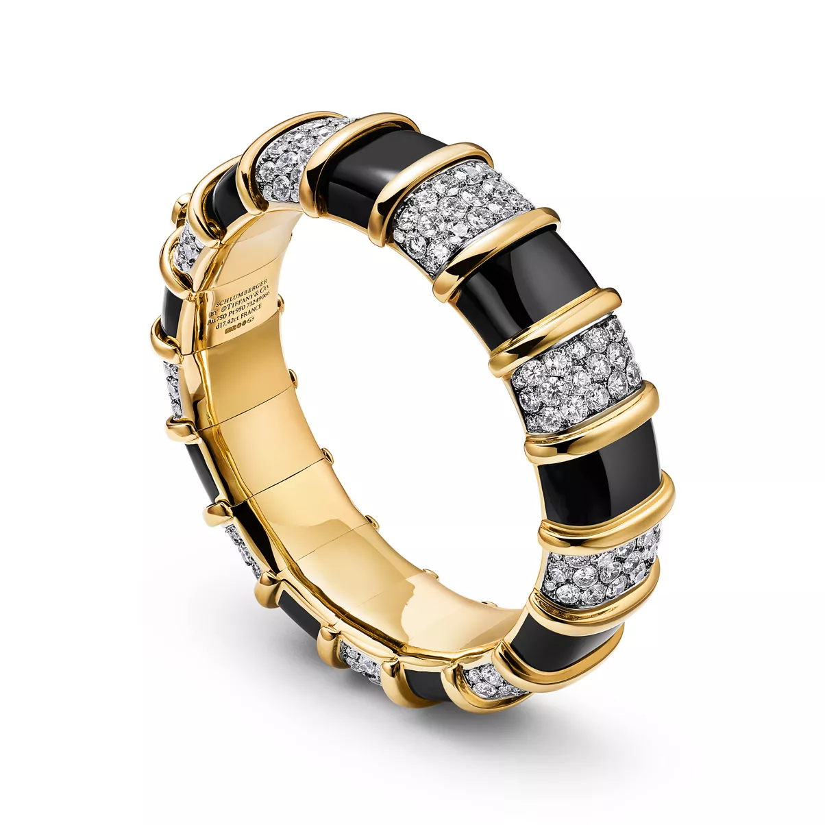 Bracciale in oro giallo e platino con smalto nero e diamanti