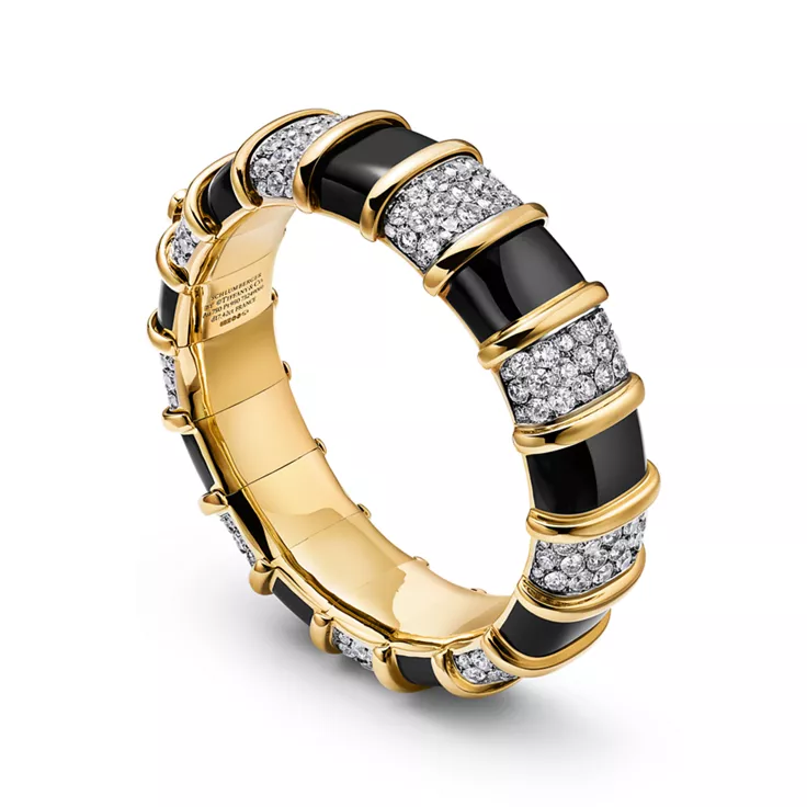 Enamel Collections:Bracciale in oro giallo e platino con smalto nero e diamanti, 30