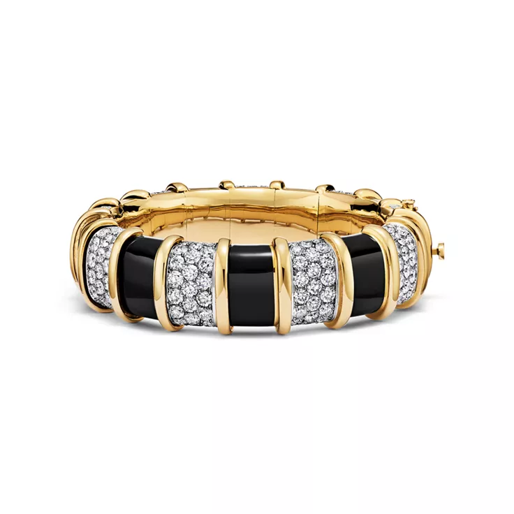 Enamel Collections:Bracciale in oro giallo e platino con smalto nero e diamanti, 18
