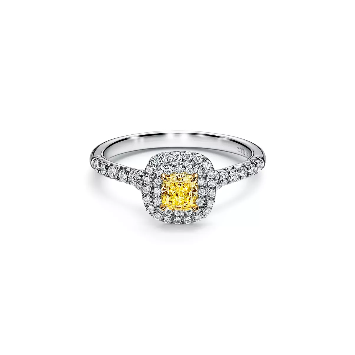 Cushion-cut Yellow Diamond Halo Engagement Ring in Platinum