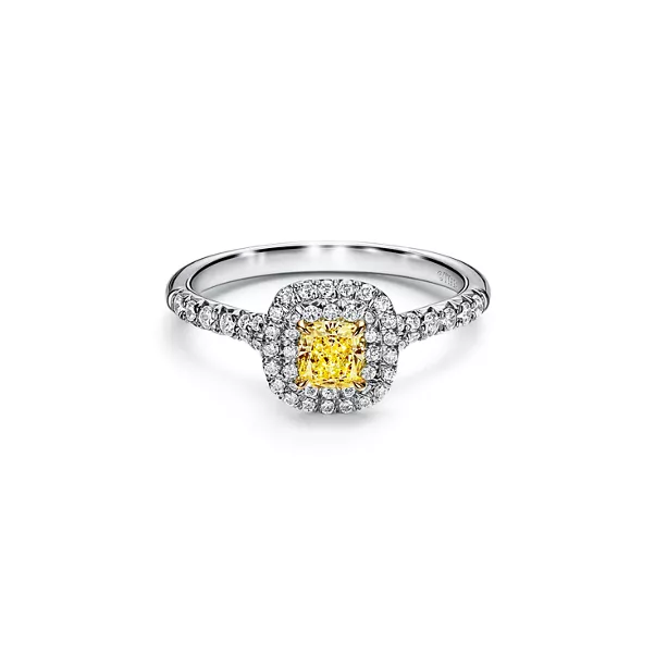 Cushion-cut Yellow Diamond Halo Engagement Ring in Platinum
