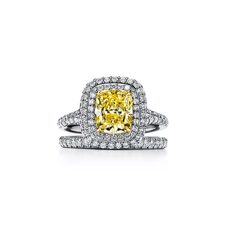 Tiffany Soleste®:Cushion-cut Yellow Diamond Halo Engagement Ring in Platinum, 6