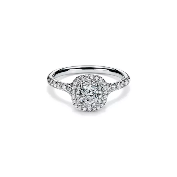 Cushion-cut Double Halo Engagement Ring with a Diamond Platinum Band