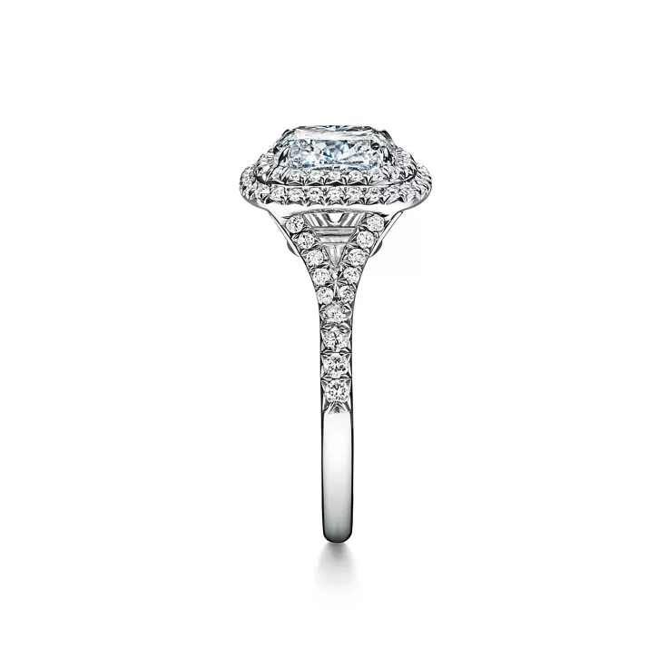 Tiffany Soleste: Cushion-cut Double Halo Engagement Ring with a Diamond Platinum Band, 4