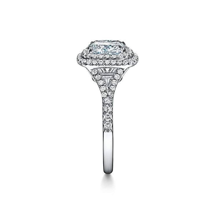 Tiffany Soleste: Cushion-cut Double Halo Engagement Ring with a Diamond Platinum Band image number 4