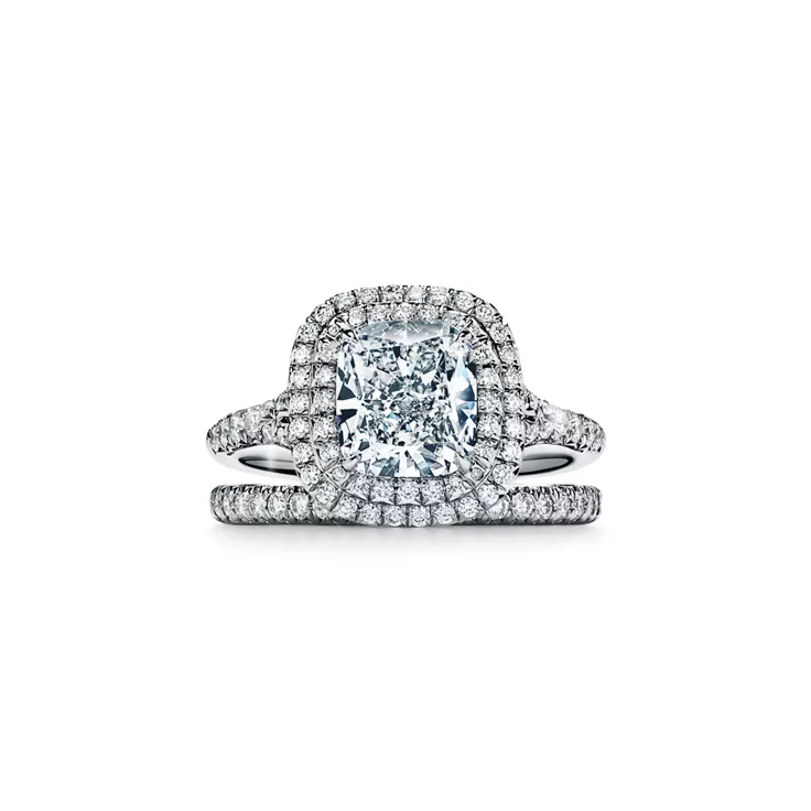 Tiffany Soleste: Cushion-cut Double Halo Engagement Ring with a Diamond Platinum Band, 6