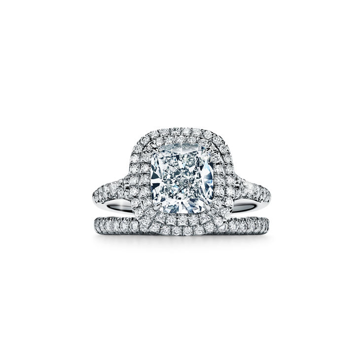 Tiffany Soleste: Cushion-cut Double Halo Engagement Ring with a Diamond Platinum Band image number 6