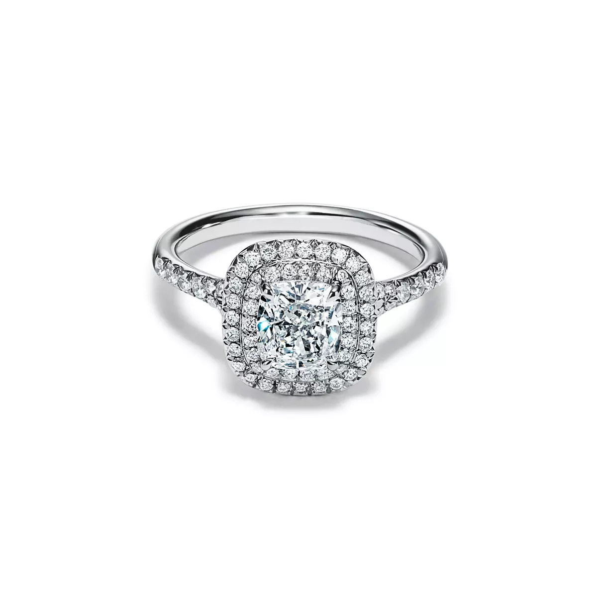 Cushion-cut Double Halo Engagement Ring with a Diamond Platinum Band