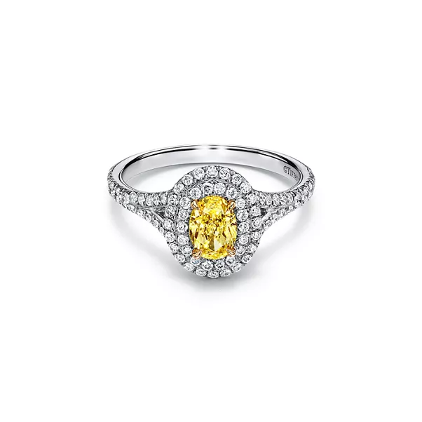Oval Yellow Diamond Double Halo Engagement Ring in Platinum