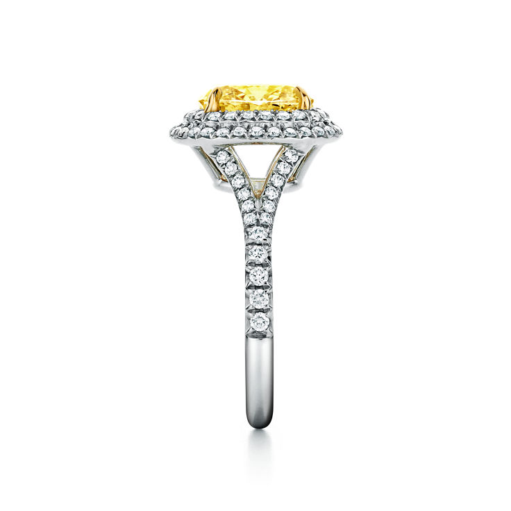 Tiffany Soleste: Oval Yellow Diamond Double Halo Engagement Ring in Platinum image number 1